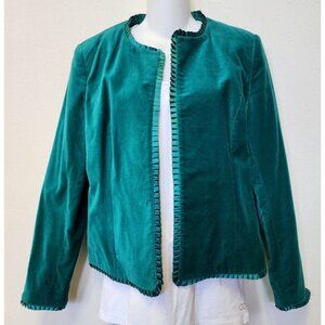 Vintage JG Hook 8 Blazer Jacket 100% Cotton Velvet Ribbon Trim Teal Granny
